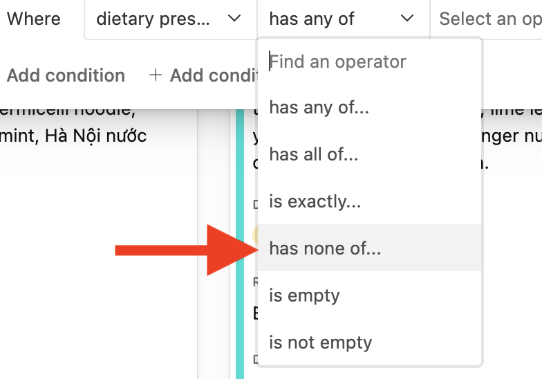 Cropped screenshot of the 'Lettuce Eat' filtering platform, with the search filter dialogue open, with a dropdown of all the operation options and a red arrow pointing to the option that says 'has all of'.